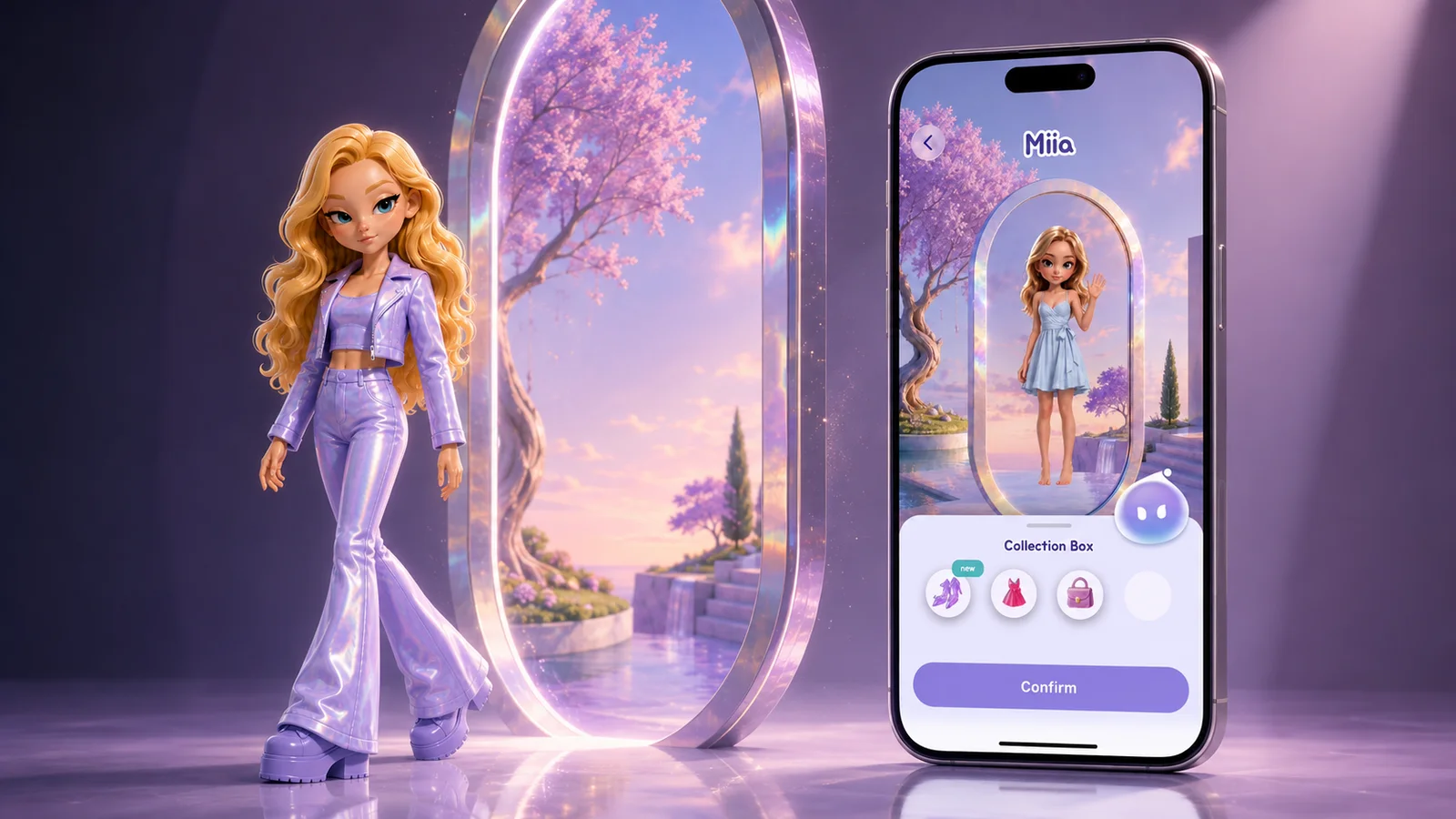 MirrorMii cozy self-care game — a doll-like figure in iridescent lilac stands beside a mirror portal opening onto a blossoming landscape, with a phone showing the same figure inside the app.